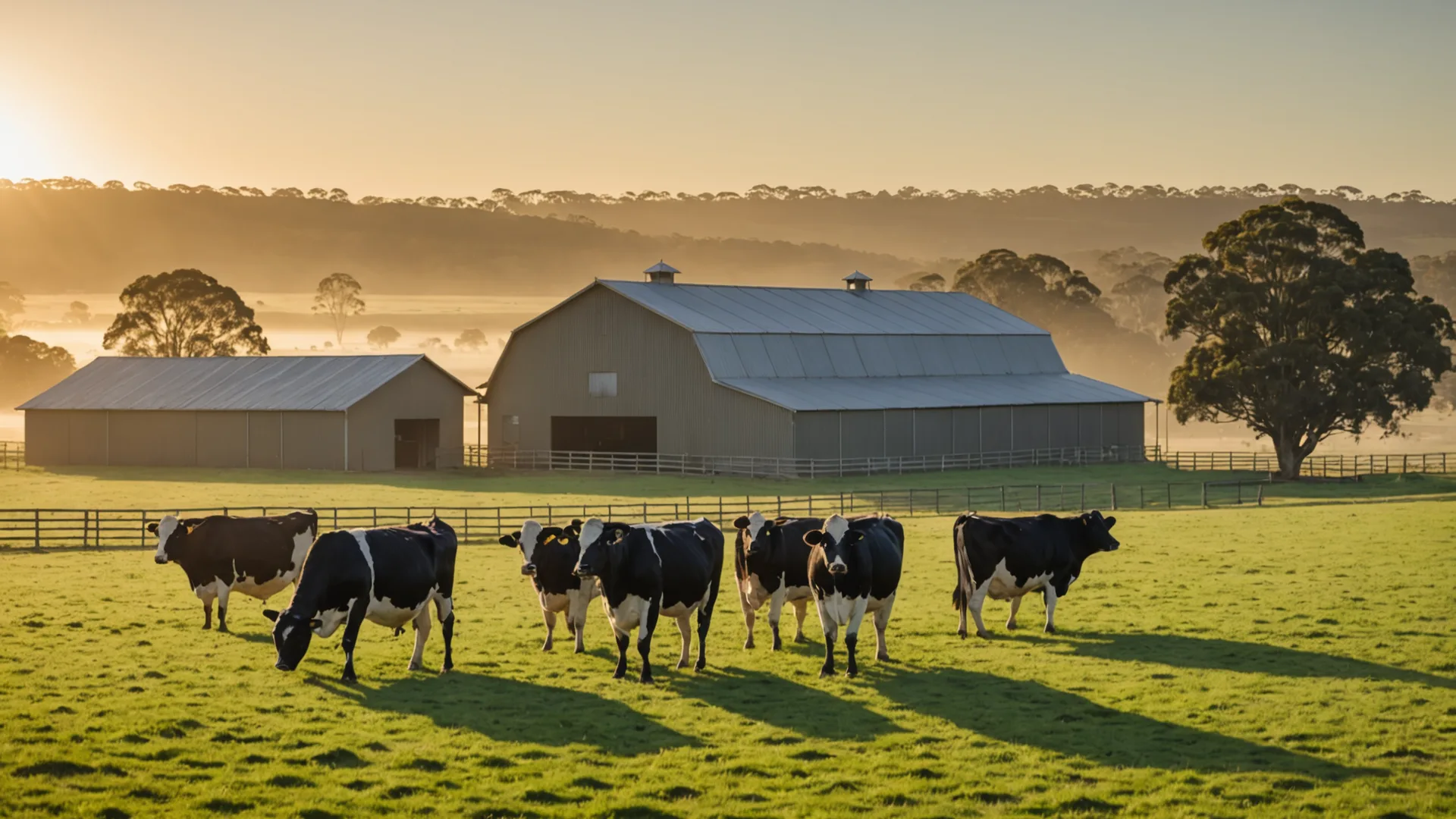 Dairy cows wearing activity collars in an Australian paddock at dawn, soft ochre light over green hills